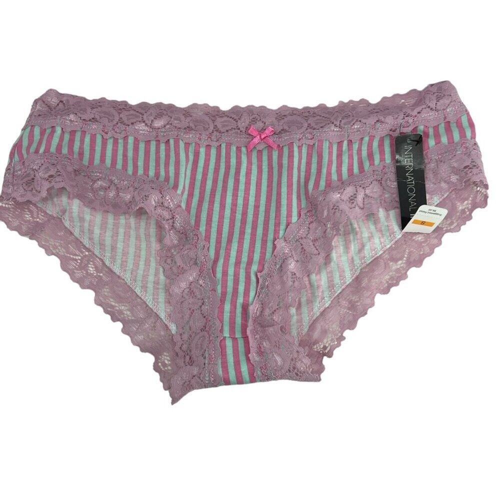 International Intimates Grey Pink Stripe Lace Trim Pantie Womens Size Small